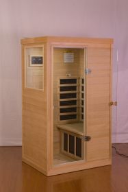 Hemlock Mini one person far infrared door on the left of the indoor sauna room