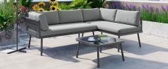 TOPMAX Modern Outdoor 3-Piece PE Rattan Sofa Set All Weather Patio Metal Sectional Furniture Set with Cushions and Glass Table for Backyard, Poolside,