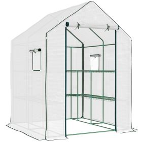 Outsunny 4.6' x 4.7' Portable Greenhouse, Water/UV Resistant Walk-In Small Outdoor Greenhouse with 2 Tier U-Shaped Flower Rack Shelves, Roll Up Door &