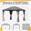 10'x12' Permanent Outdoor Galvanized Steel Roof Gazebo with Aluminum Frame, Pavilion Metal Gazebos with Netting & Curtains for Garden, Patios, Lawns,
