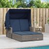 Double Sun Lounger with Canopy and Cushions Gray Poly Rattan