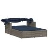 Double Sun Lounger with Canopy and Cushions Gray Poly Rattan