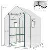 Outsunny 4.6' x 4.7' Portable Greenhouse, Water/UV Resistant Walk-In Small Outdoor Greenhouse with 2 Tier U-Shaped Flower Rack Shelves, Roll Up Door &